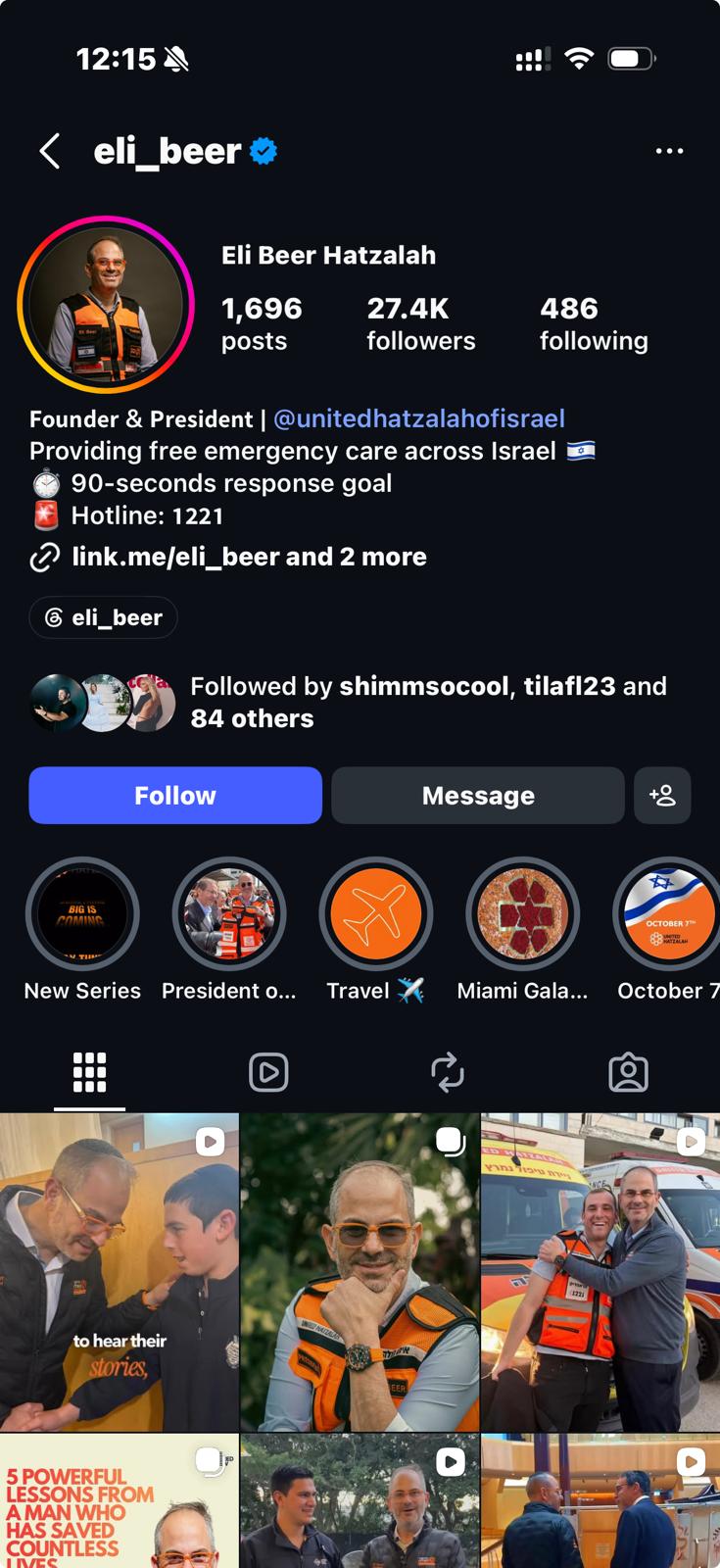 Screenshot of Eli Beer's Instagram profile showing Hotline: 1221 listed in the biography